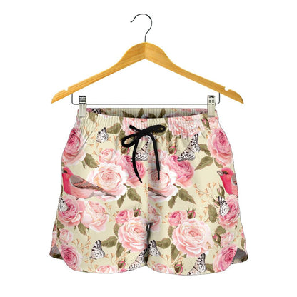 Bird Butterfly Pink Flower Print Pattern Women Shorts-JTAMIGO.COM