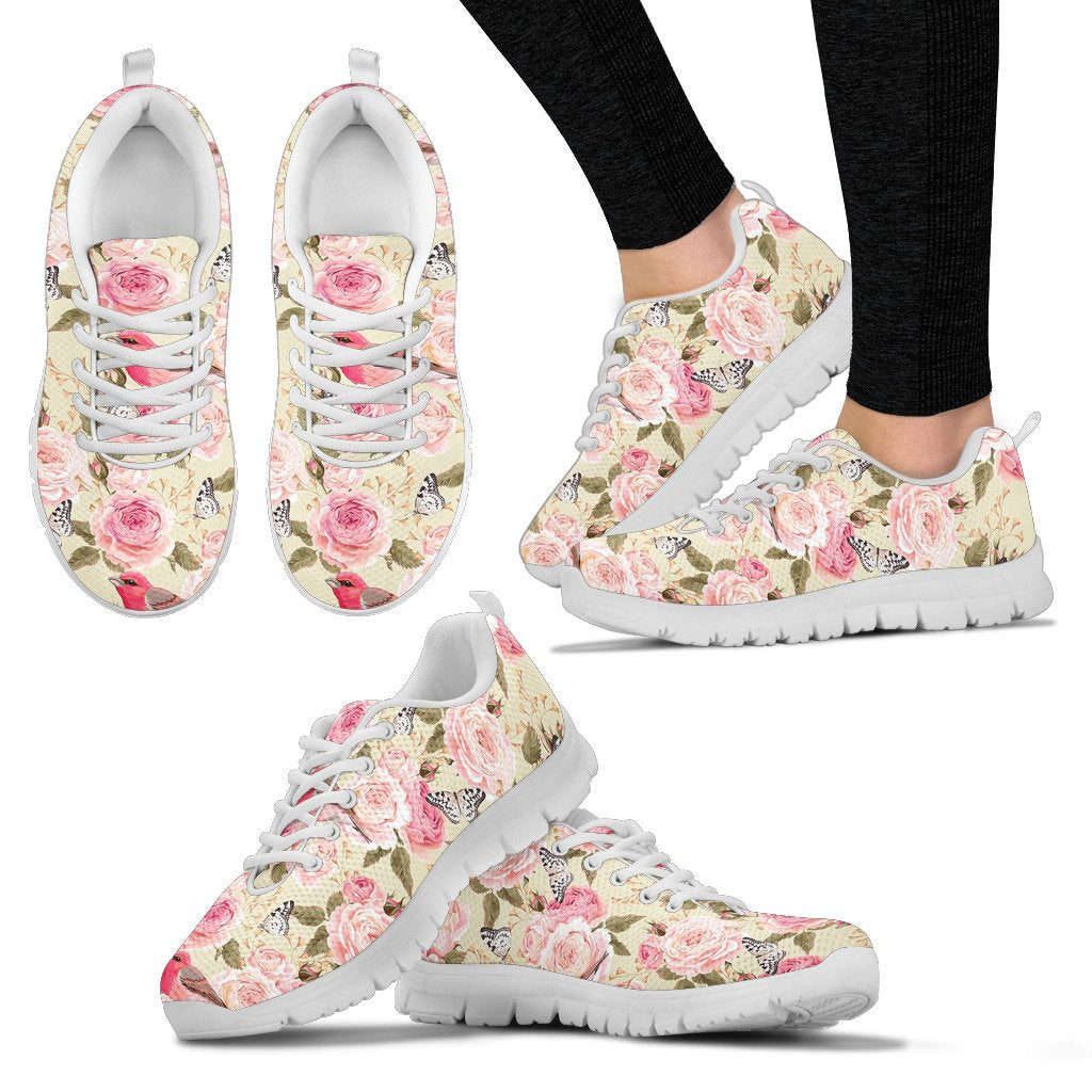 Bird Butterfly Pink Flower Print Pattern Women Sneakers Shoes