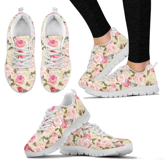 Bird Butterfly Pink Flower Print Pattern Women Sneakers Shoes