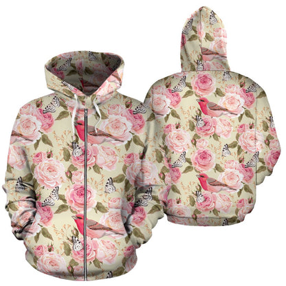 Bird Butterfly Pink Flower Print Pattern Zip Up Hoodie