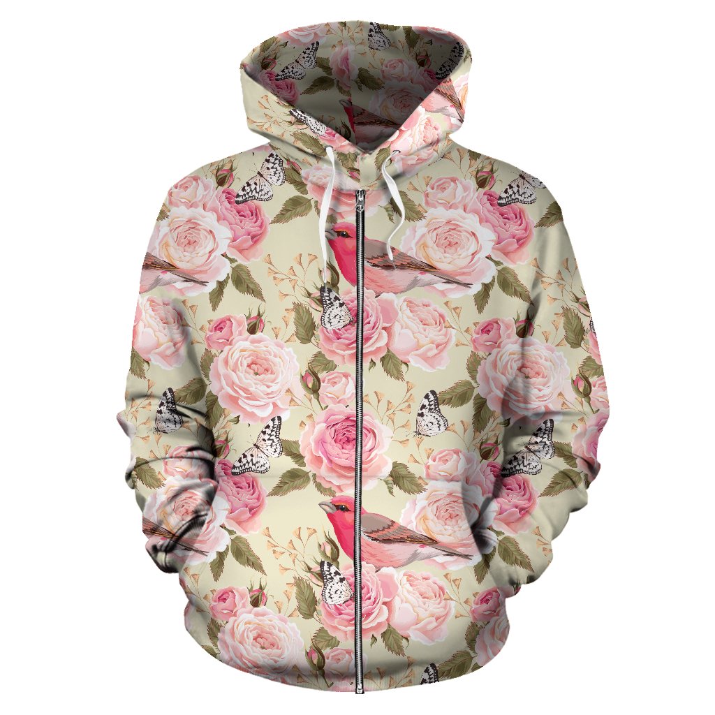 Bird Butterfly Pink Flower Print Pattern Zip Up Hoodie