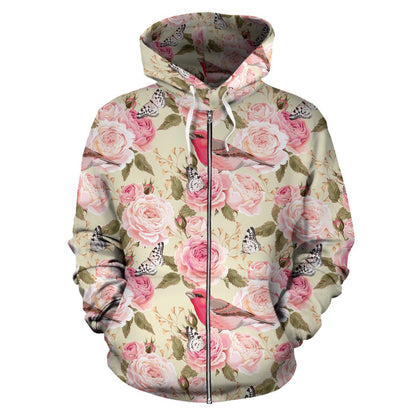 Bird Butterfly Pink Flower Print Pattern Zip Up Hoodie