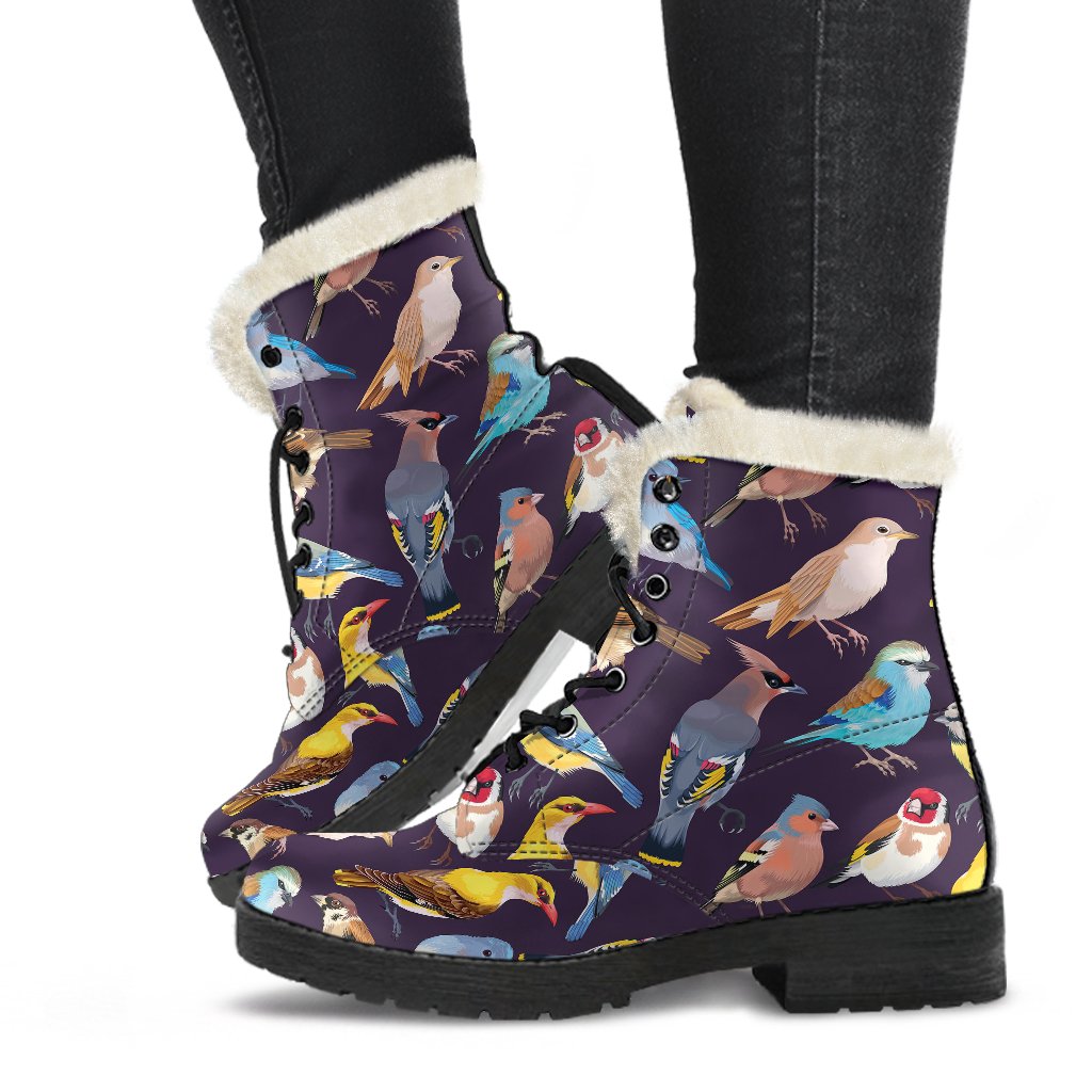 Bird Cute Print Pattern Faux Fur Leather Boots-JTAMIGO.COM