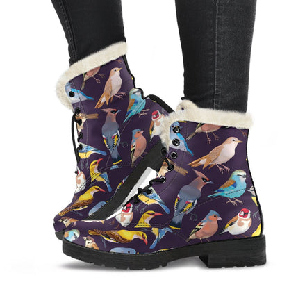 Bird Cute Print Pattern Faux Fur Leather Boots-JTAMIGO.COM