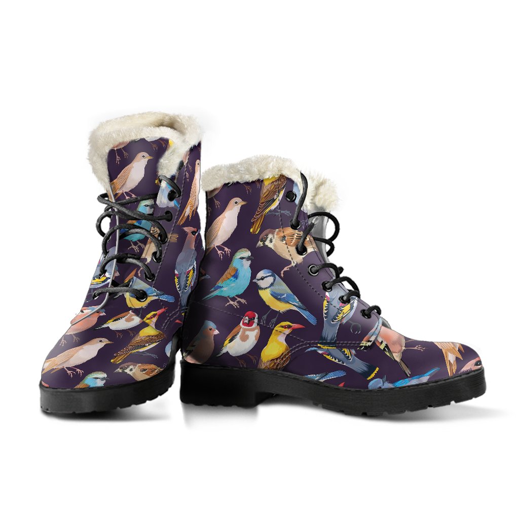 Bird Cute Print Pattern Faux Fur Leather Boots-JTAMIGO.COM