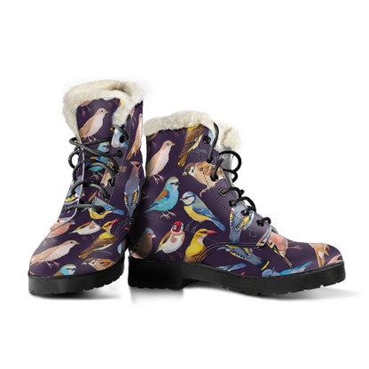 Bird Cute Print Pattern Faux Fur Leather Boots-JTAMIGO.COM