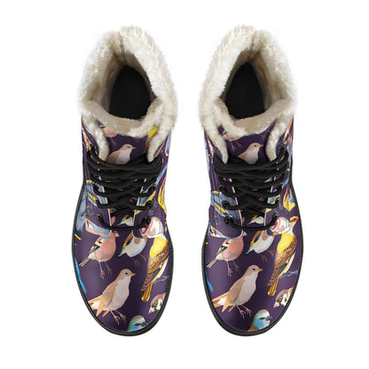 Bird Cute Print Pattern Faux Fur Leather Boots-JTAMIGO.COM