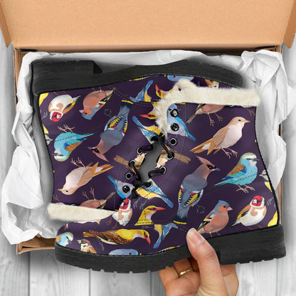 Bird Cute Print Pattern Faux Fur Leather Boots-JTAMIGO.COM
