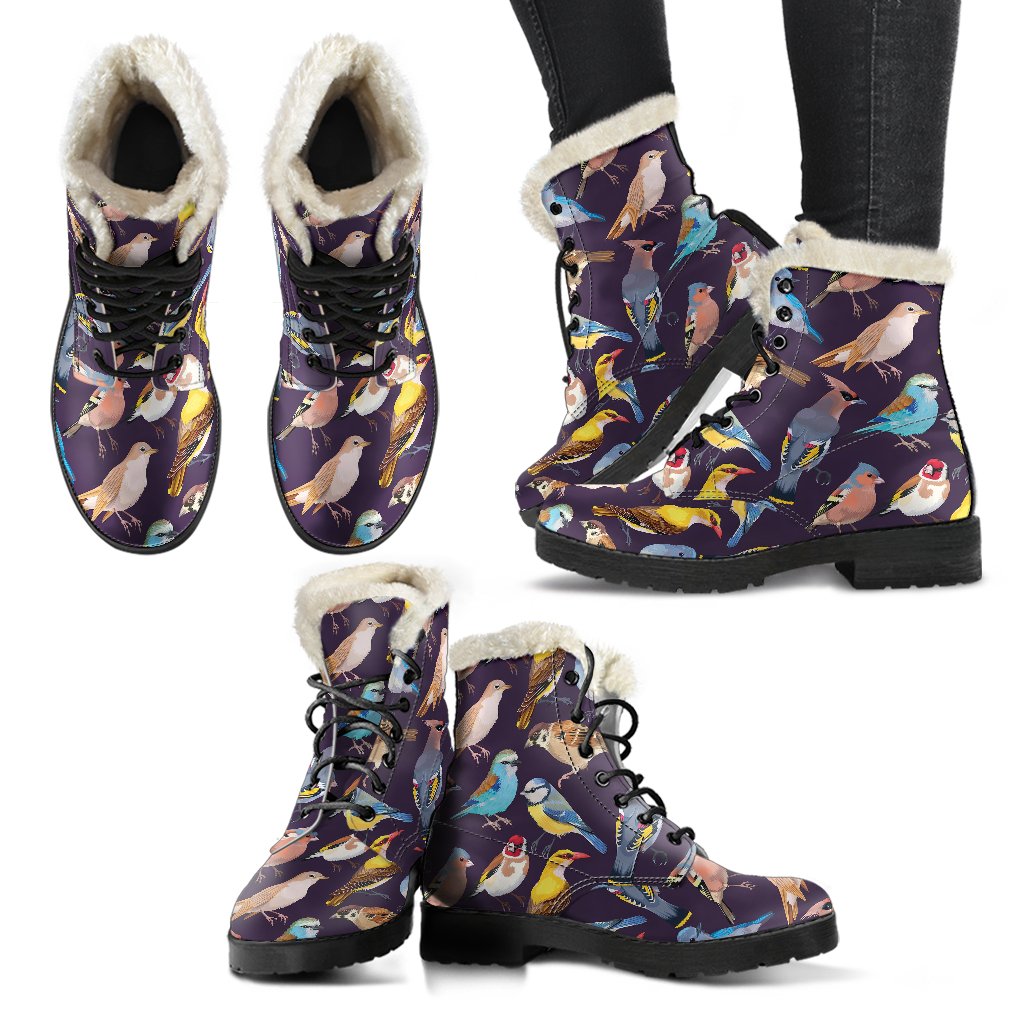 Bird Cute Print Pattern Faux Fur Leather Boots-JTAMIGO.COM
