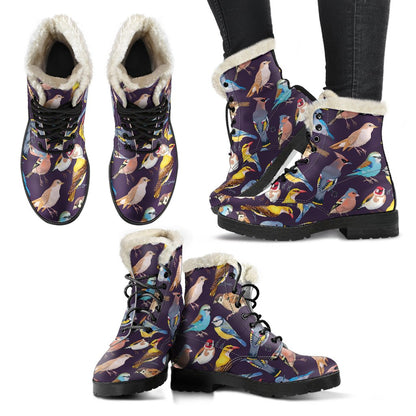 Bird Cute Print Pattern Faux Fur Leather Boots-JTAMIGO.COM
