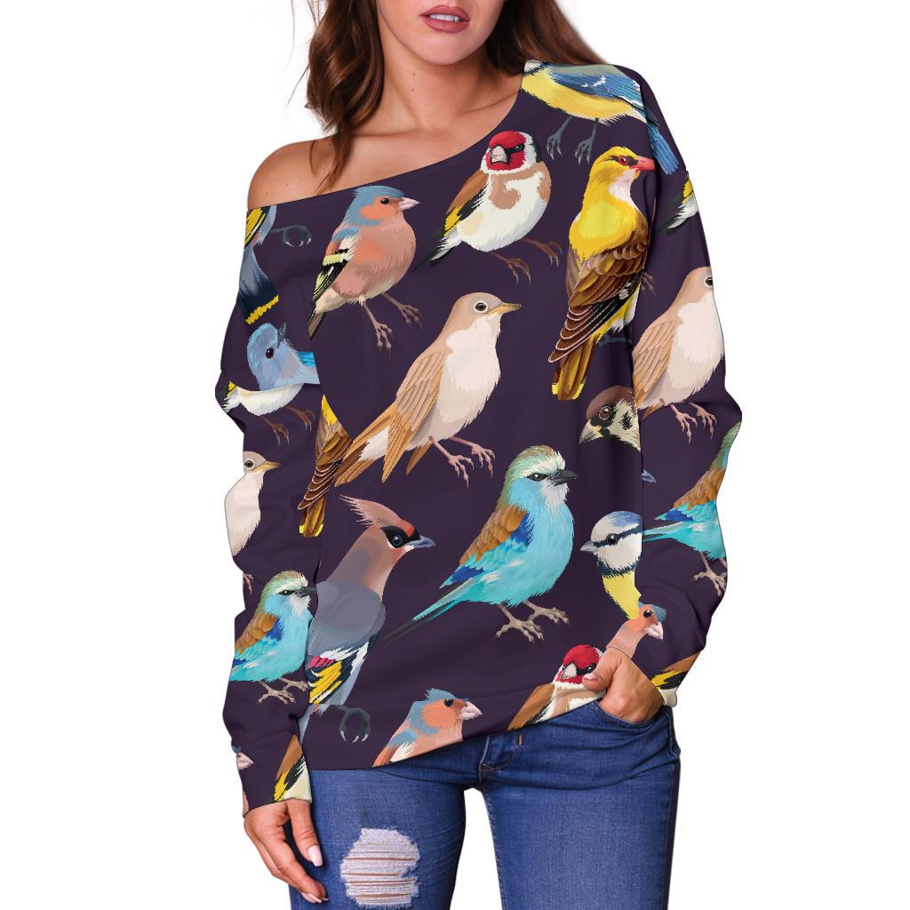 Bird Cute Print Pattern Off Shoulder Sweatshirt