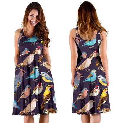 Bird Cute Print Pattern Sleeveless Dress