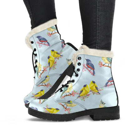 Bird Sweet Themed Print Pattern Faux Fur Leather Boots-JTAMIGO.COM