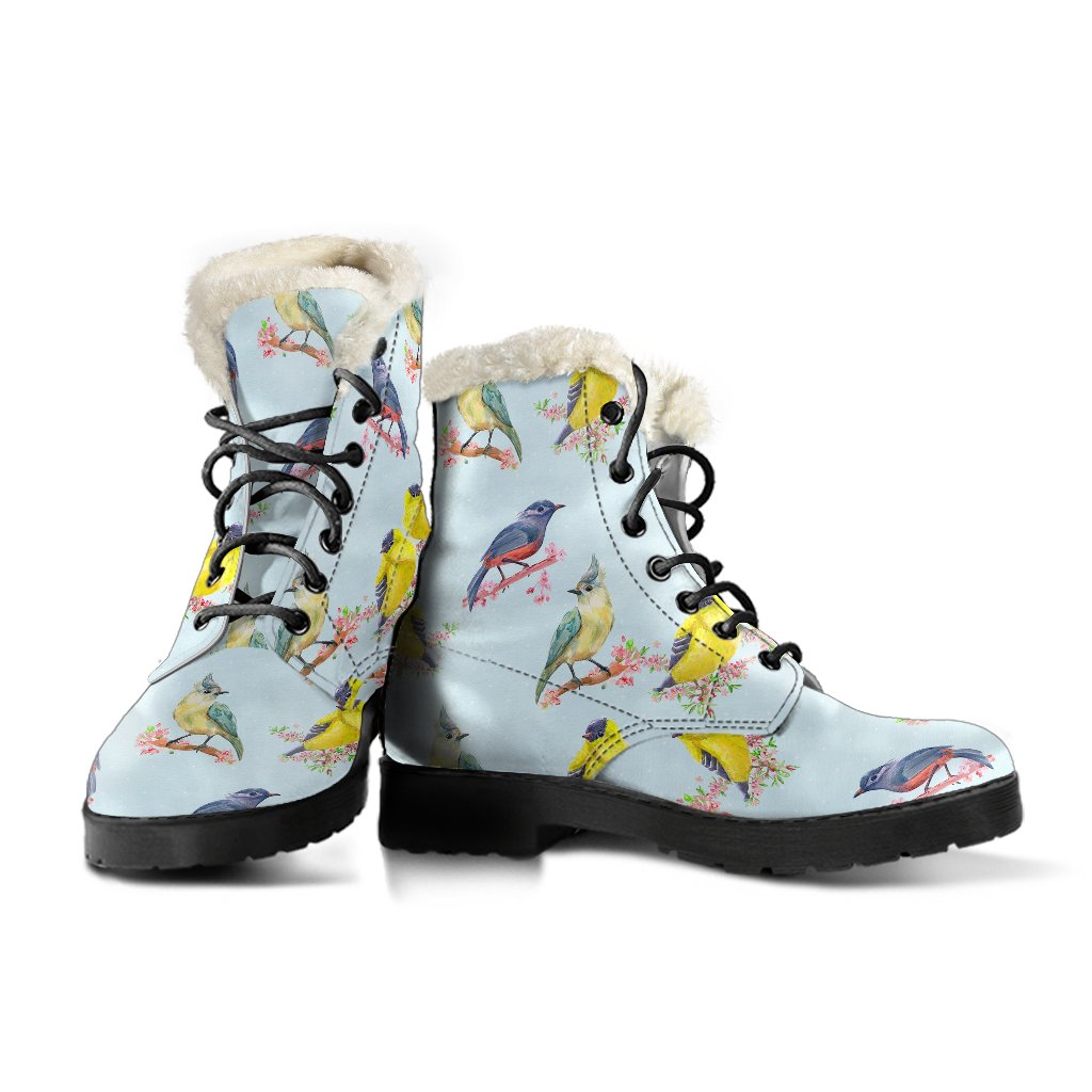 Bird Sweet Themed Print Pattern Faux Fur Leather Boots-JTAMIGO.COM
