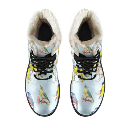 Bird Sweet Themed Print Pattern Faux Fur Leather Boots-JTAMIGO.COM