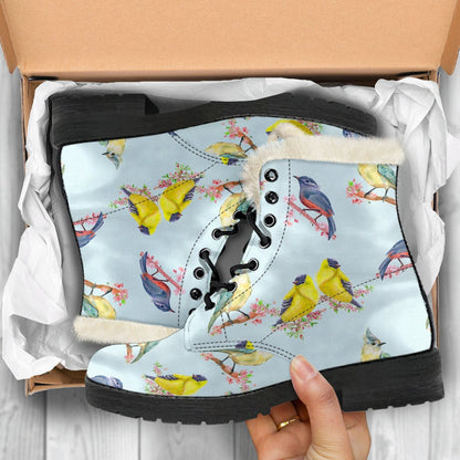 Bird Sweet Themed Print Pattern Faux Fur Leather Boots-JTAMIGO.COM