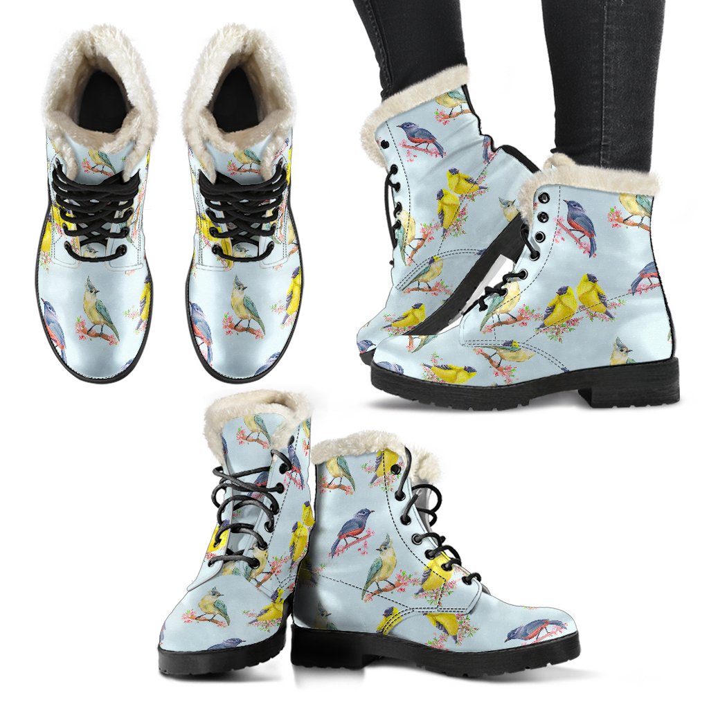 Bird Sweet Themed Print Pattern Faux Fur Leather Boots-JTAMIGO.COM