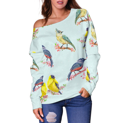 Bird Sweet Themed Print Pattern Off Shoulder Sweatshirt