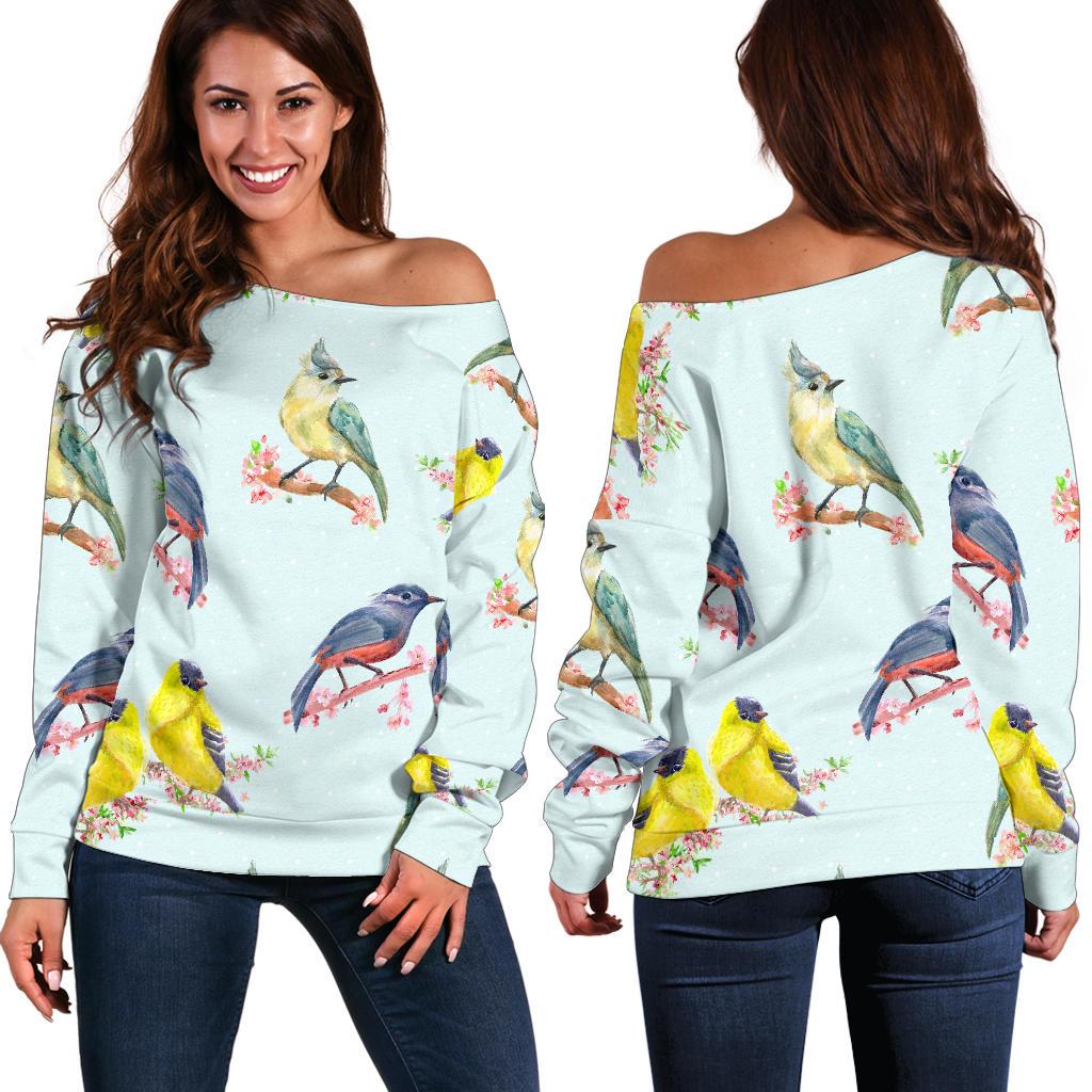 Bird Sweet Themed Print Pattern Off Shoulder Sweatshirt