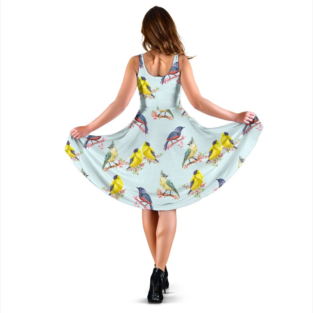 Bird Sweet Themed Print Pattern Sleeveless Dress
