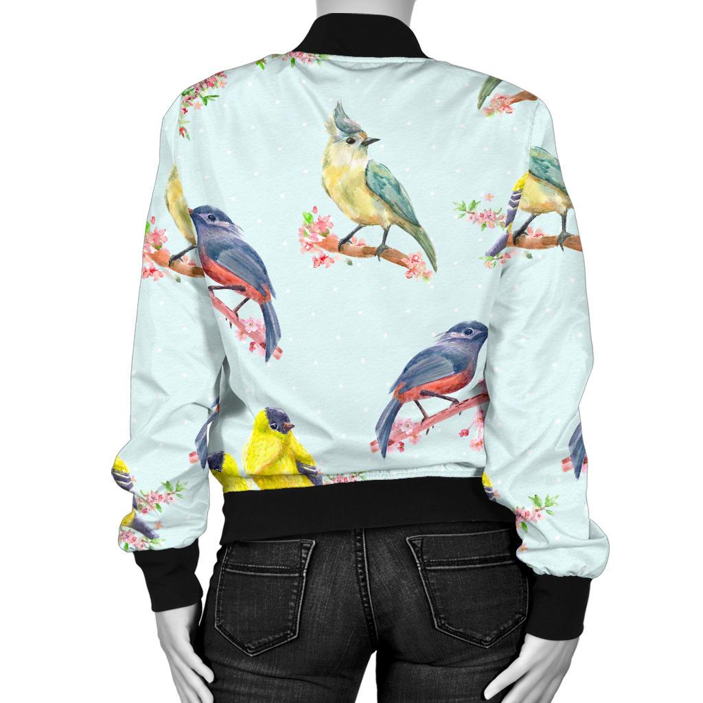 Bird Sweet Themed Print Pattern Women Casual Bomber Jacket