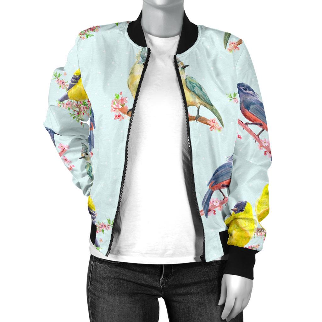 Bird Sweet Themed Print Pattern Women Casual Bomber Jacket