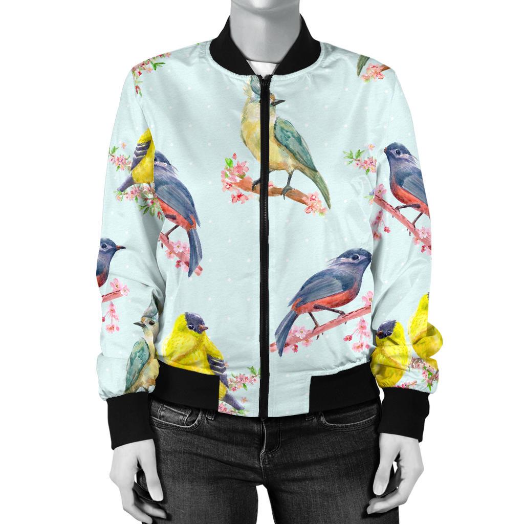 Bird Sweet Themed Print Pattern Women Casual Bomber Jacket