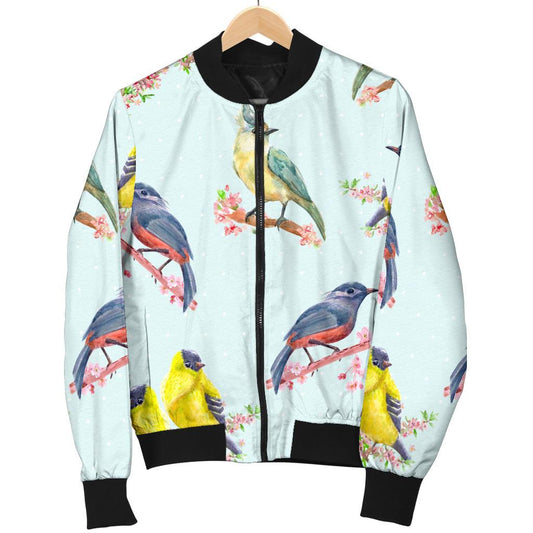 Bird Sweet Themed Print Pattern Women Casual Bomber Jacket