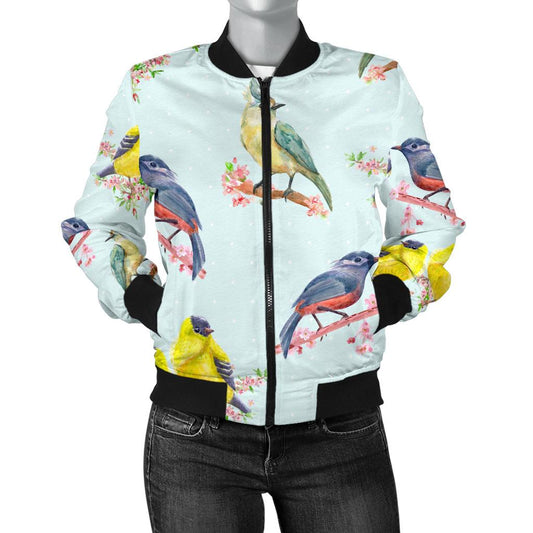 Bird Sweet Themed Print Pattern Women Casual Bomber Jacket