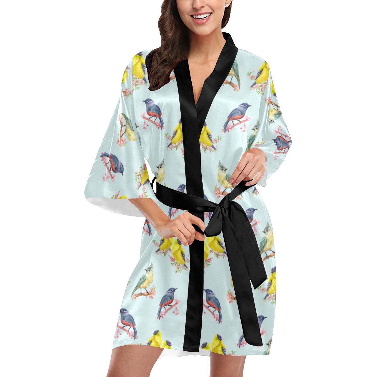 Bird Sweet Themed Print Pattern Women Short Kimono Robe