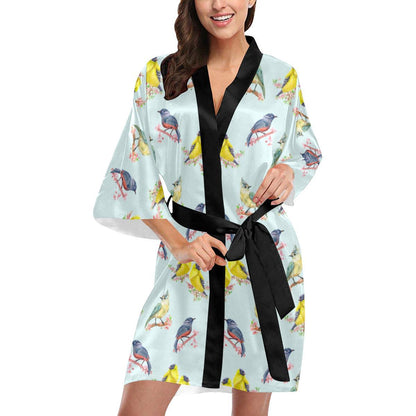 Bird Sweet Themed Print Pattern Women Short Kimono Robe