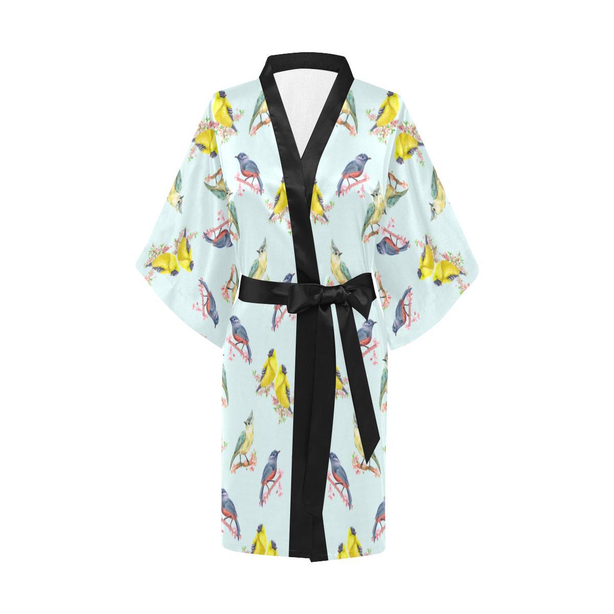 Bird Sweet Themed Print Pattern Women Short Kimono Robe