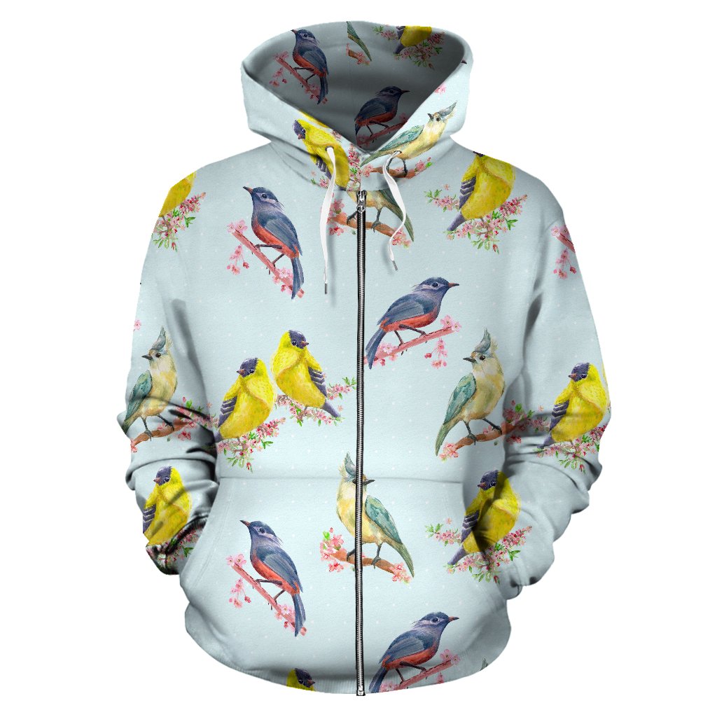 Bird Sweet Themed Print Pattern Zip Up Hoodie