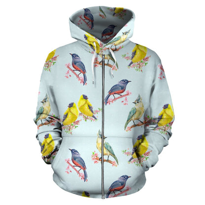 Bird Sweet Themed Print Pattern Zip Up Hoodie