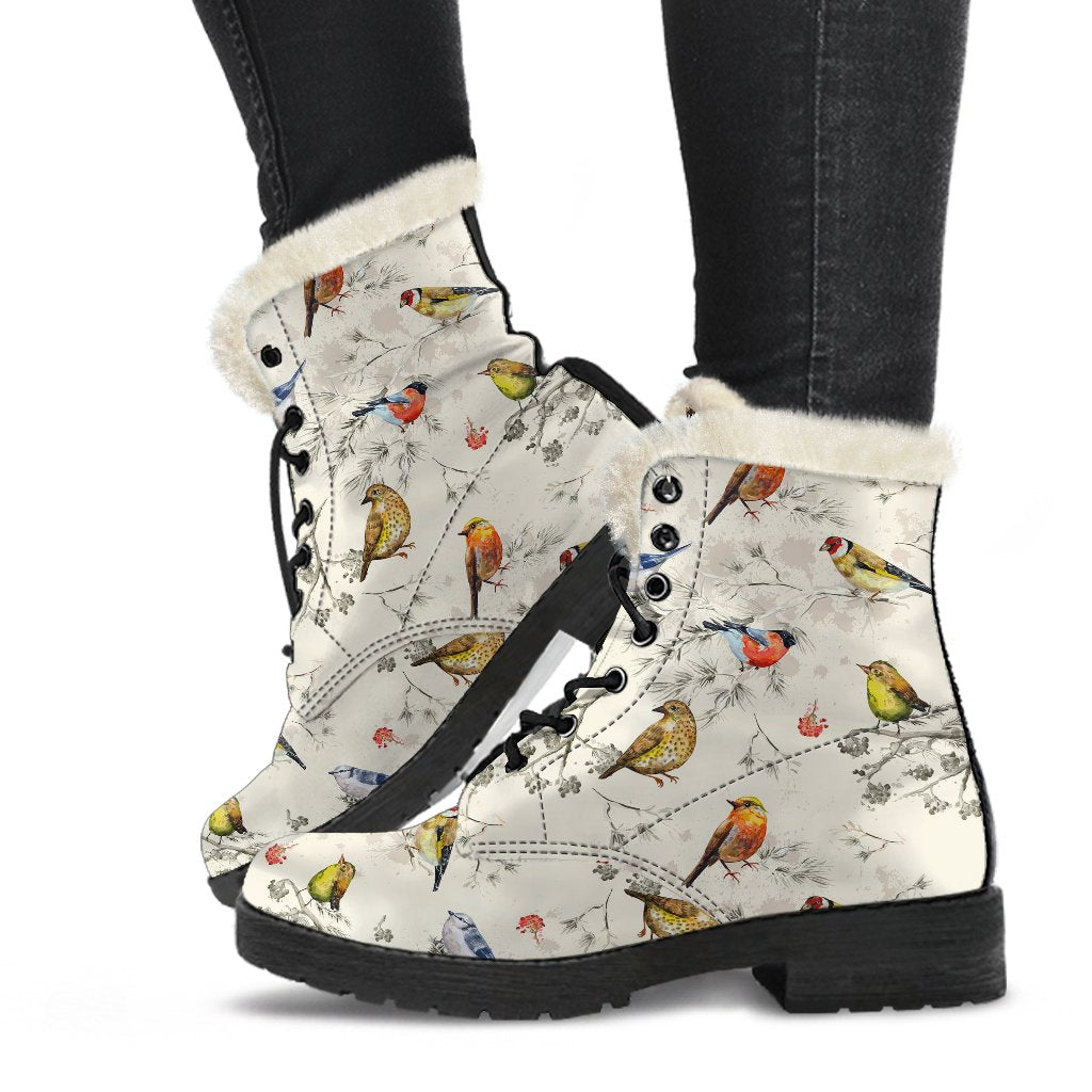 Bird Watercolor Design Pattern Faux Fur Leather Boots-JTAMIGO.COM