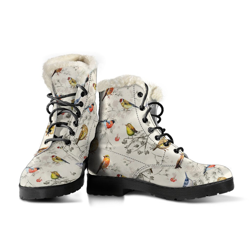 Bird Watercolor Design Pattern Faux Fur Leather Boots-JTAMIGO.COM