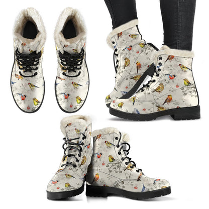 Bird Watercolor Design Pattern Faux Fur Leather Boots-JTAMIGO.COM