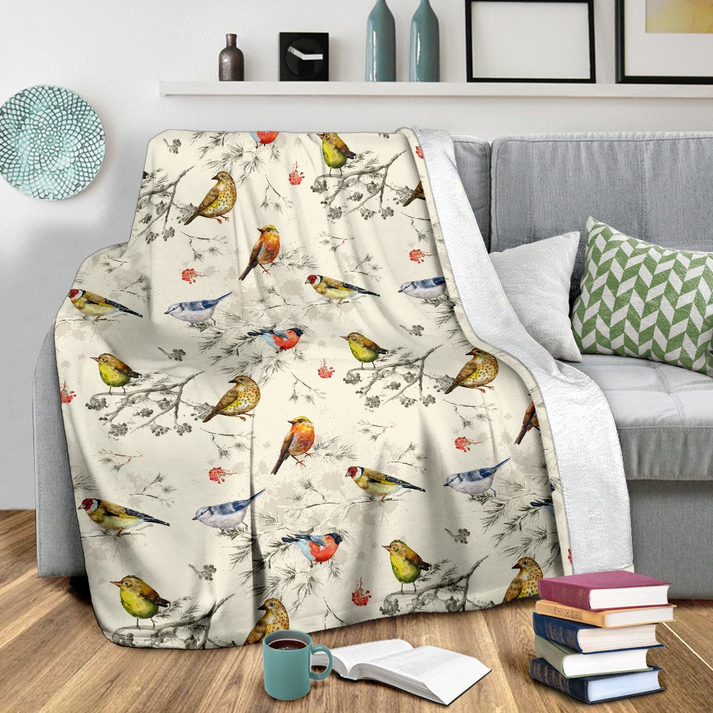 Bird Watercolor Design Pattern Fleece Blanket