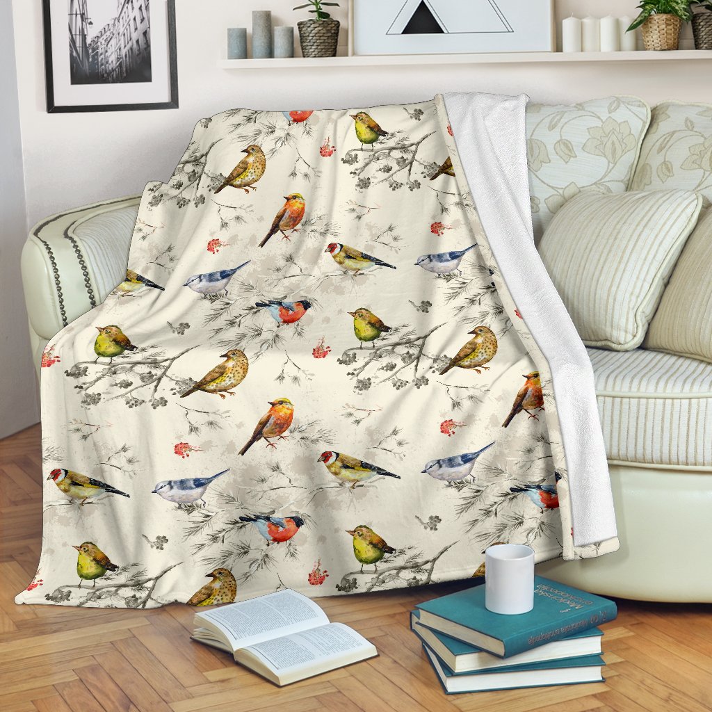 Bird Watercolor Design Pattern Fleece Blanket