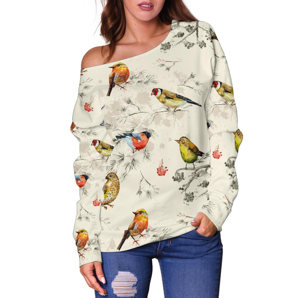 Bird Watercolor Design Pattern Off Shoulder Sweatshirt