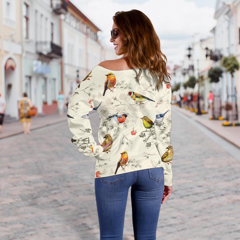 Bird Watercolor Design Pattern Off Shoulder Sweatshirt