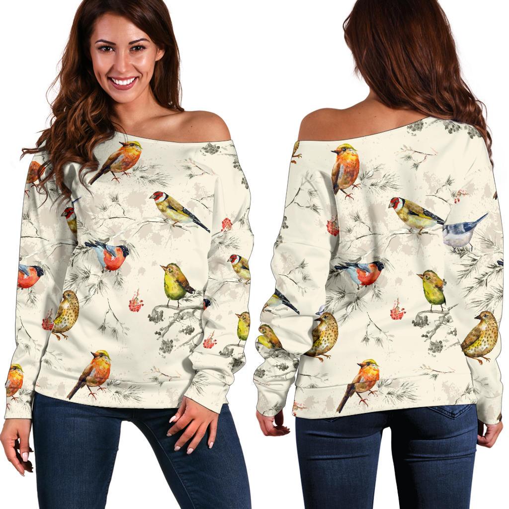 Bird Watercolor Design Pattern Off Shoulder Sweatshirt