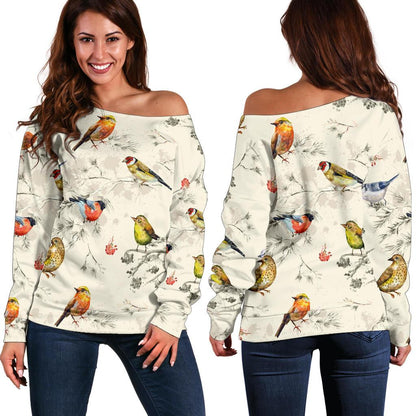 Bird Watercolor Design Pattern Off Shoulder Sweatshirt