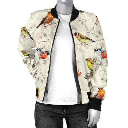 Bird Watercolor Design Pattern Women Casual Bomber Jacket