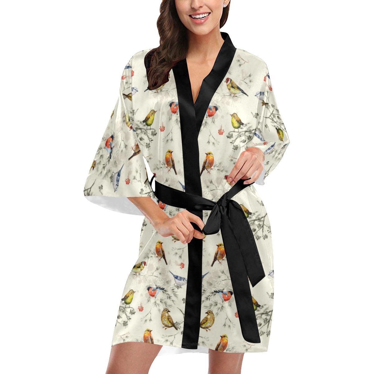 Bird Watercolor Design Pattern Women Short Kimono Robe