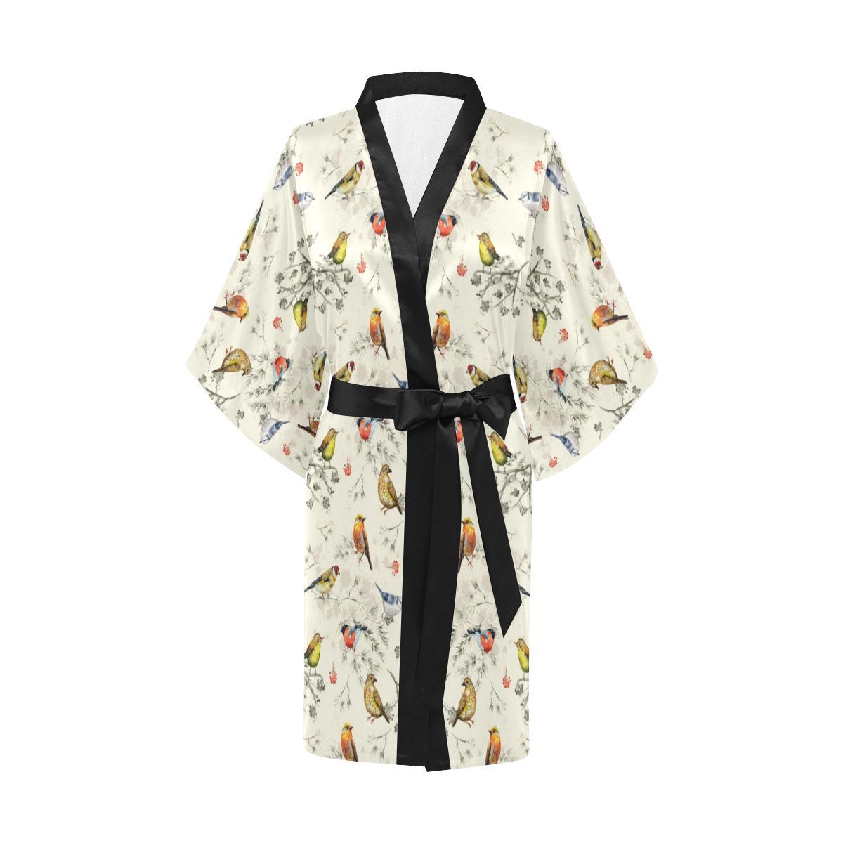Bird Watercolor Design Pattern Women Short Kimono Robe
