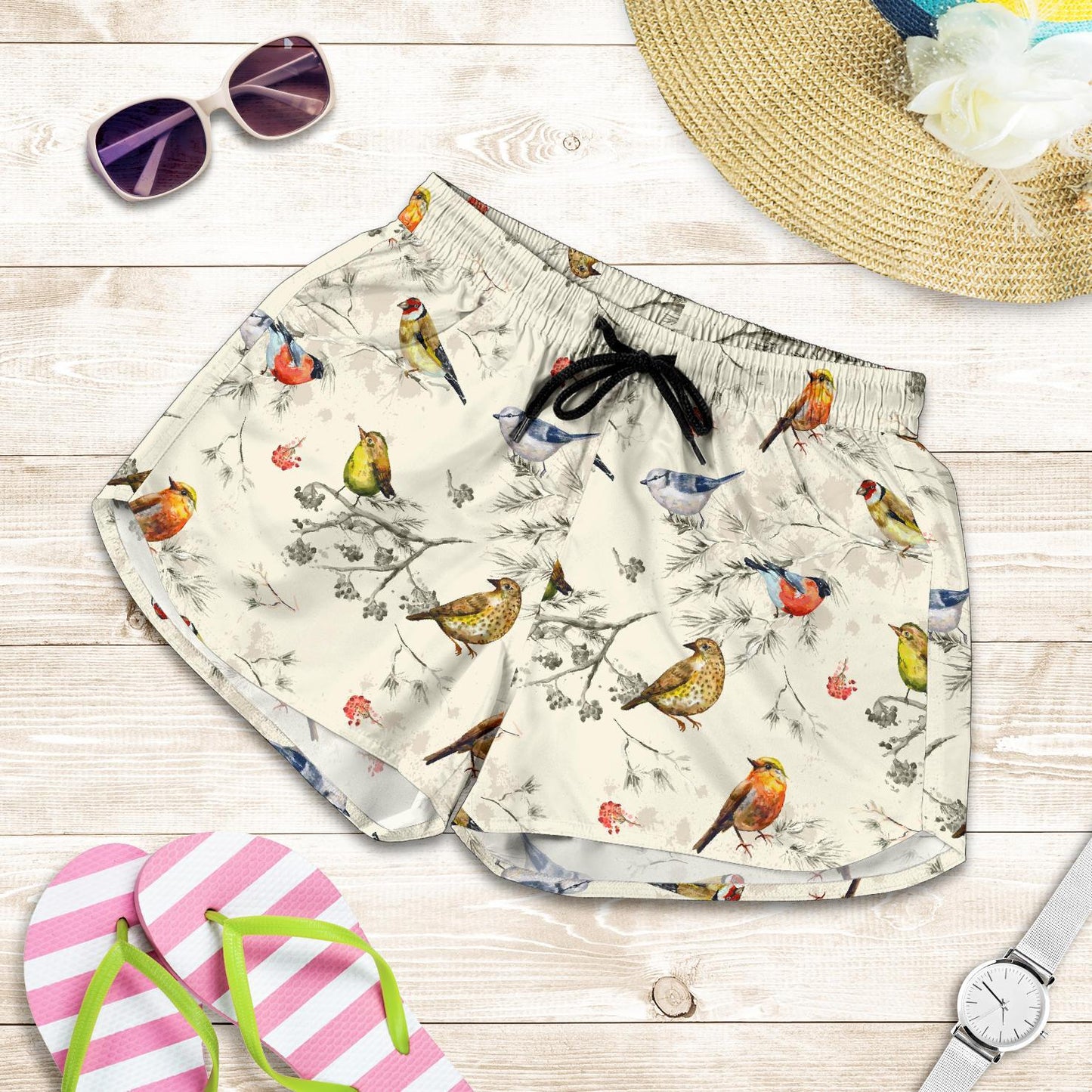 Bird Watercolor Design Pattern Women Shorts-JTAMIGO.COM