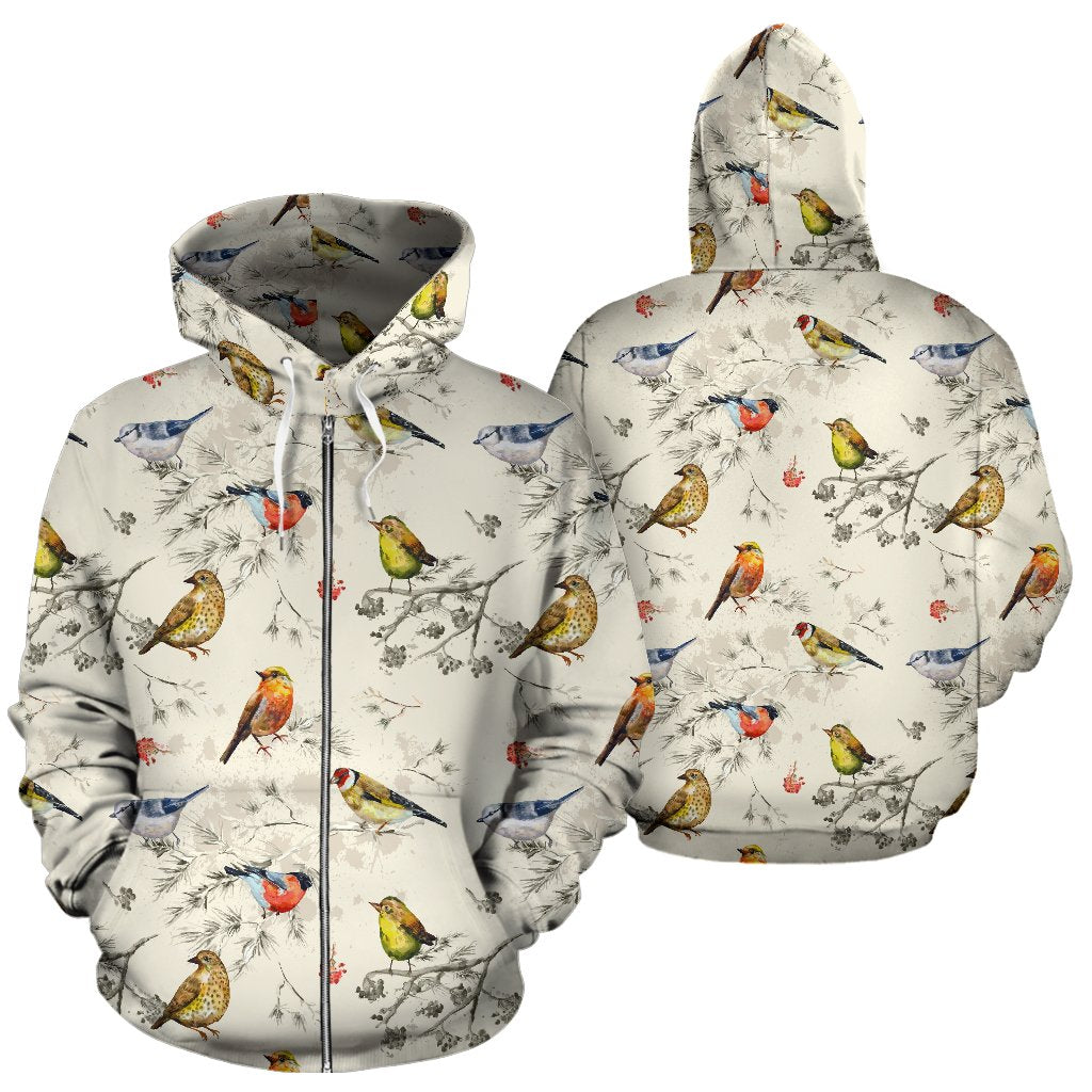 Bird Watercolor Design Pattern Zip Up Hoodie