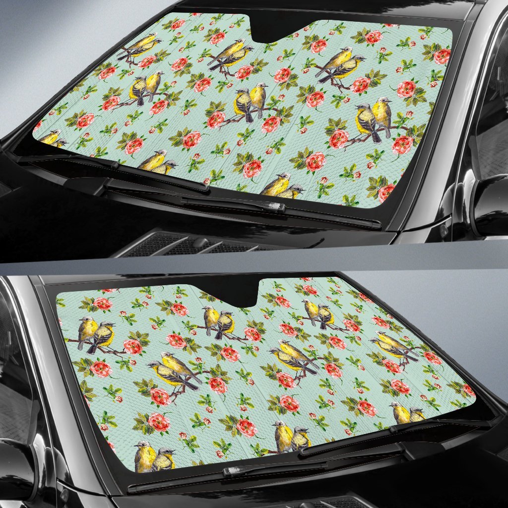 Bird with Red Flower Print Pattern Car Sun Shade For Windshield