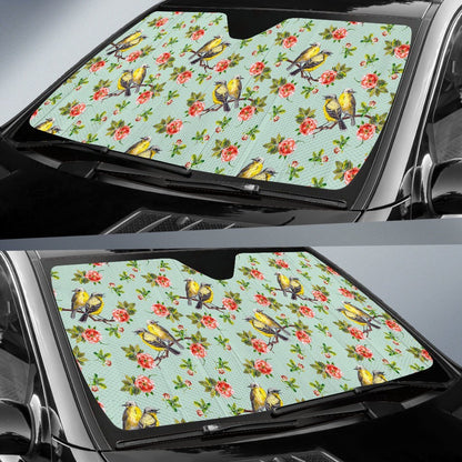 Bird with Red Flower Print Pattern Car Sun Shade For Windshield